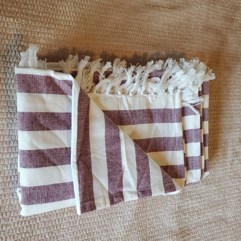 TRS Burgundy Cream Striped Cotton beachThrow Blanket/towel Tassel Fringe 50x66